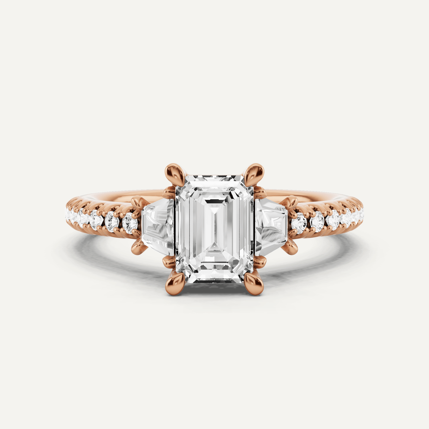 1 1/10 ctw Emerald Diamond Three Stone Engagement Ring With Trapezoid Side Stones - Lotus Diamond