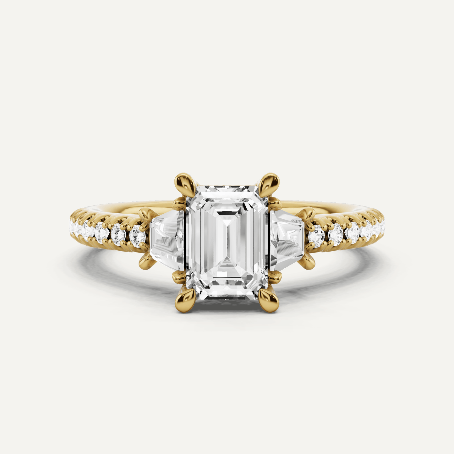 1 1/10 ctw Emerald Diamond Three Stone Engagement Ring With Trapezoid Side Stones - Lotus Diamond