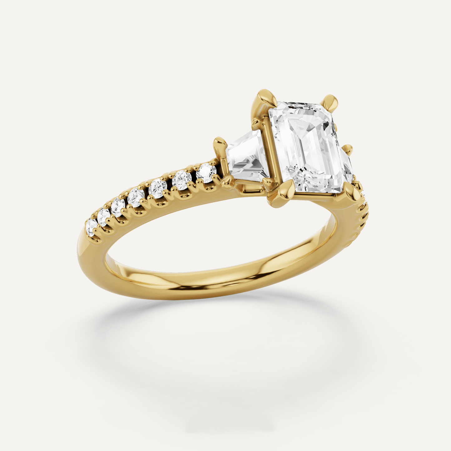1 1/10 ctw Emerald Diamond Three Stone Engagement Ring With Trapezoid Side Stones - Lotus Diamond