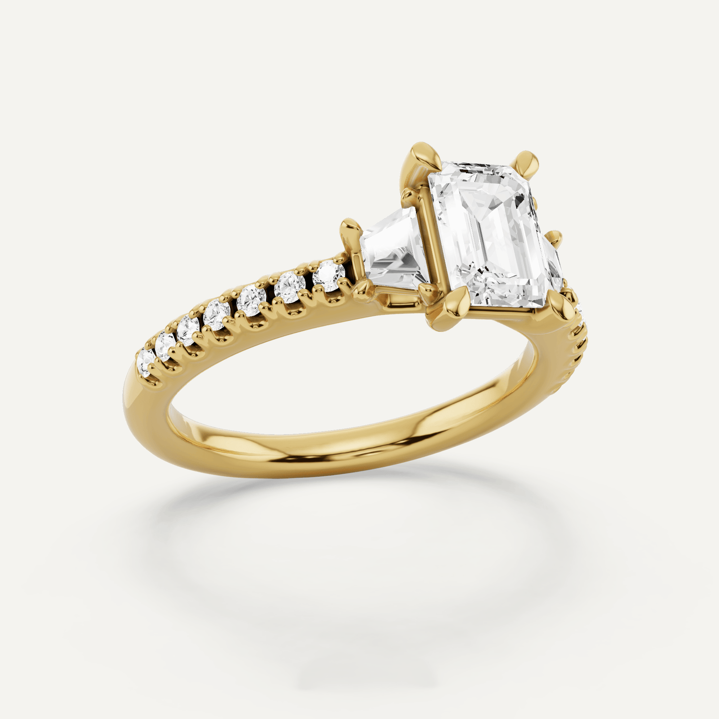 1 1/10 ctw Emerald Diamond Three Stone Engagement Ring With Trapezoid Side Stones - Lotus Diamond