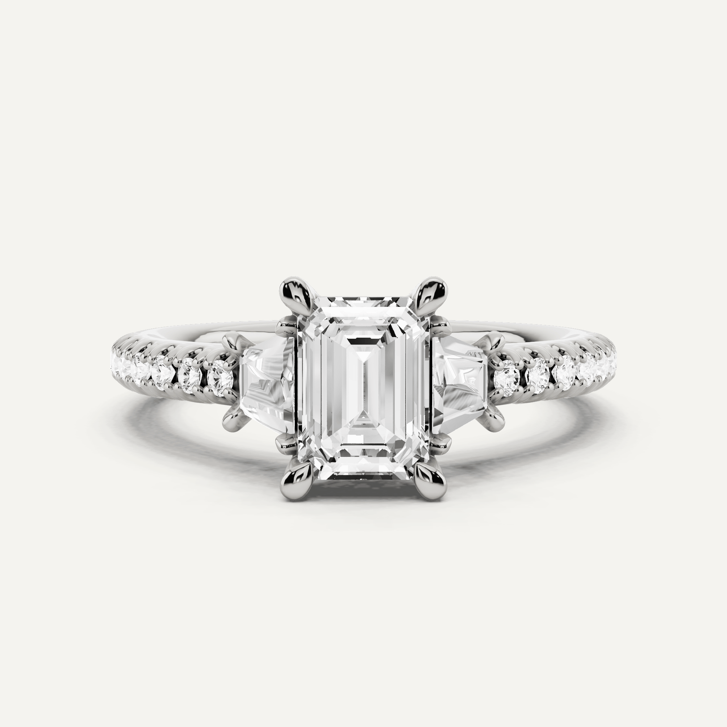 1 1/10 ctw Emerald Diamond Three Stone Engagement Ring With Trapezoid Side Stones - Lotus Diamond