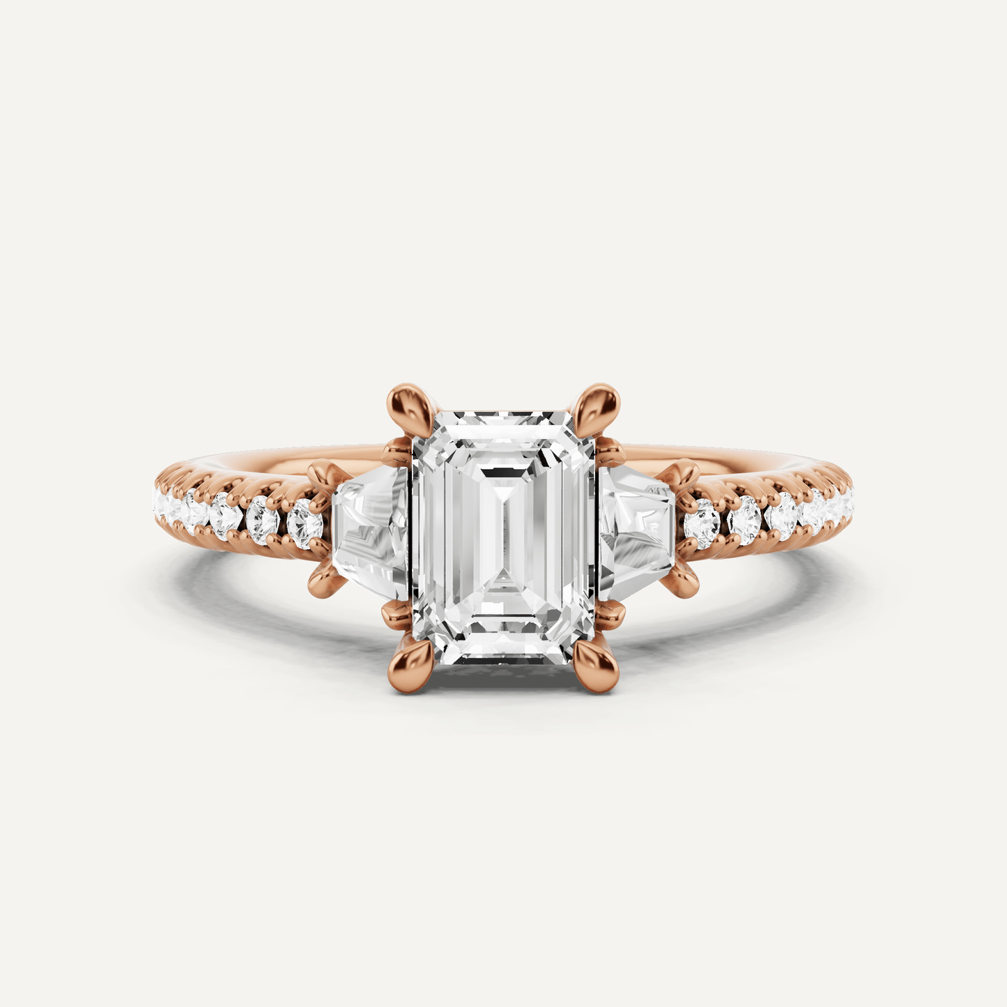 1 1/10 ctw Emerald Diamond Three Stone Engagement Ring With Trapezoid Side Stones - Lotus Diamond