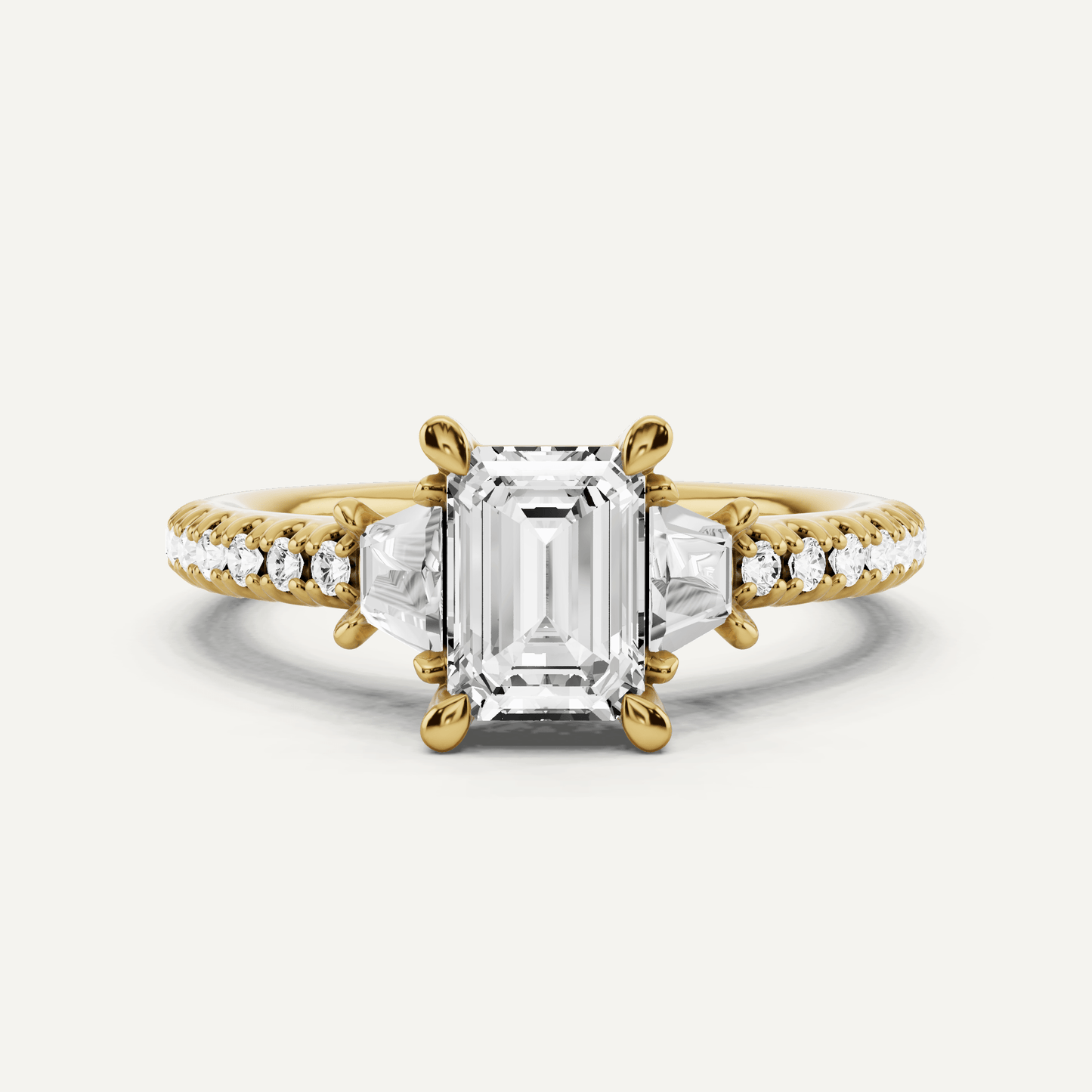 1 1/10 ctw Emerald Diamond Three Stone Engagement Ring With Trapezoid Side Stones - Lotus Diamond