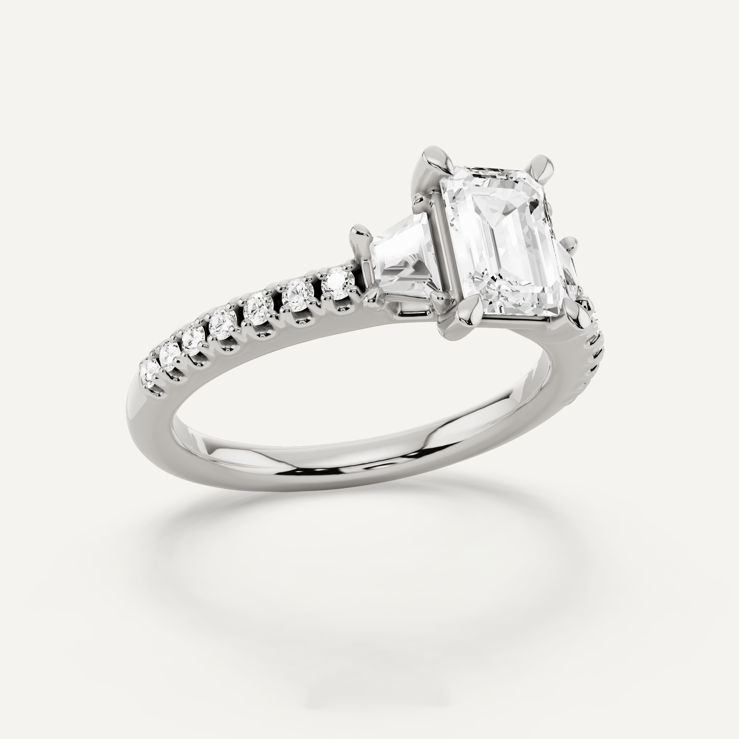 1 1/10 ctw Emerald Diamond Three Stone Engagement Ring With Trapezoid Side Stones - Lotus Diamond