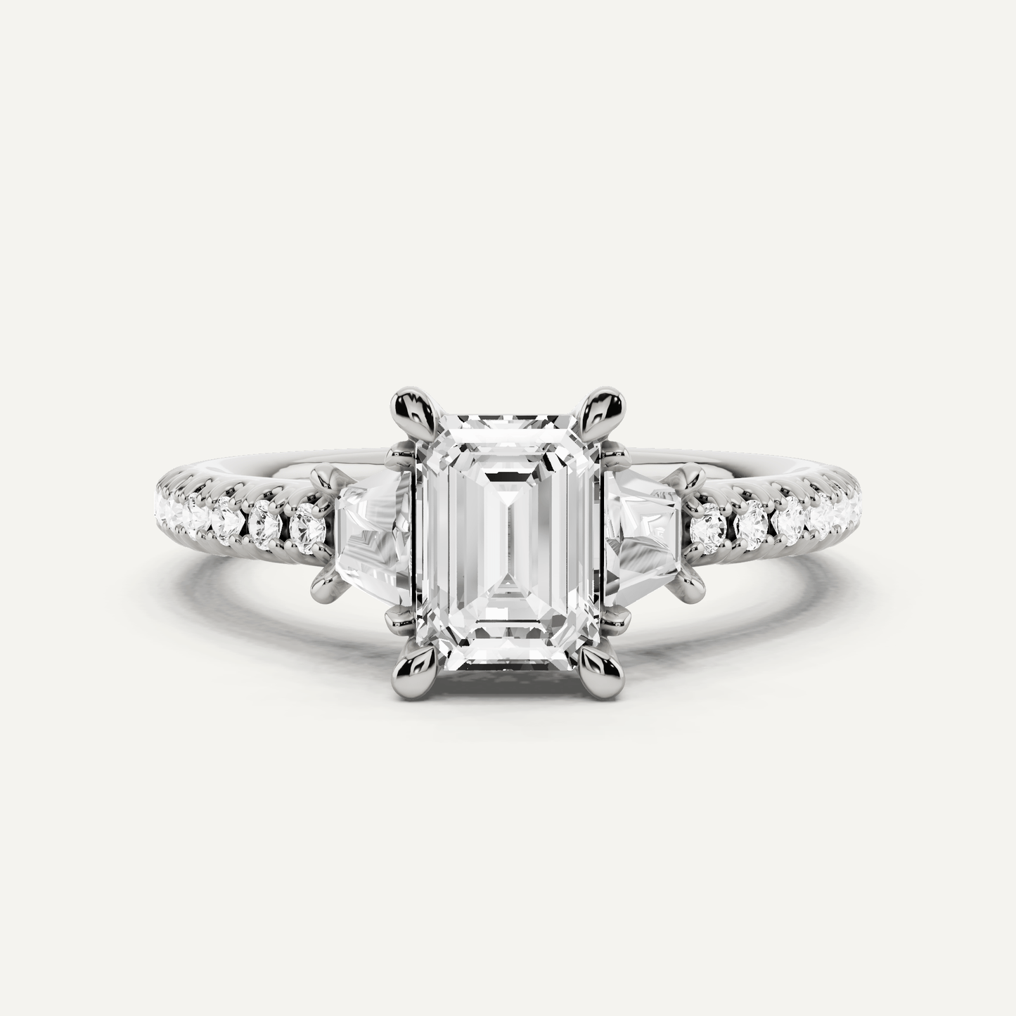 1 1/10 ctw Emerald Diamond Three Stone Engagement Ring With Trapezoid Side Stones - Lotus Diamond