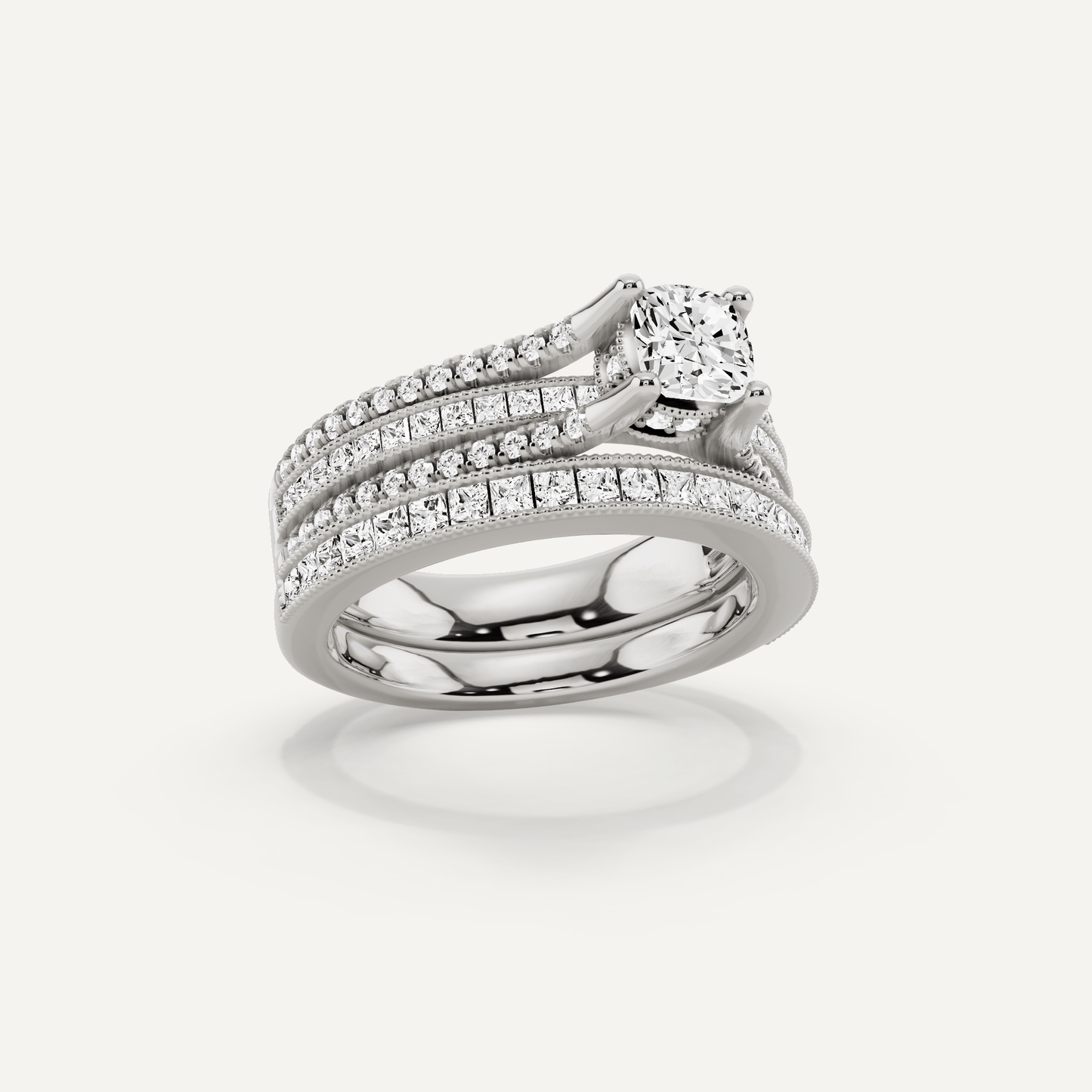 1 1/2 ctw Cushion Diamond Double Shank Bridal Set with Princess Side Stone - Lotus Diamond