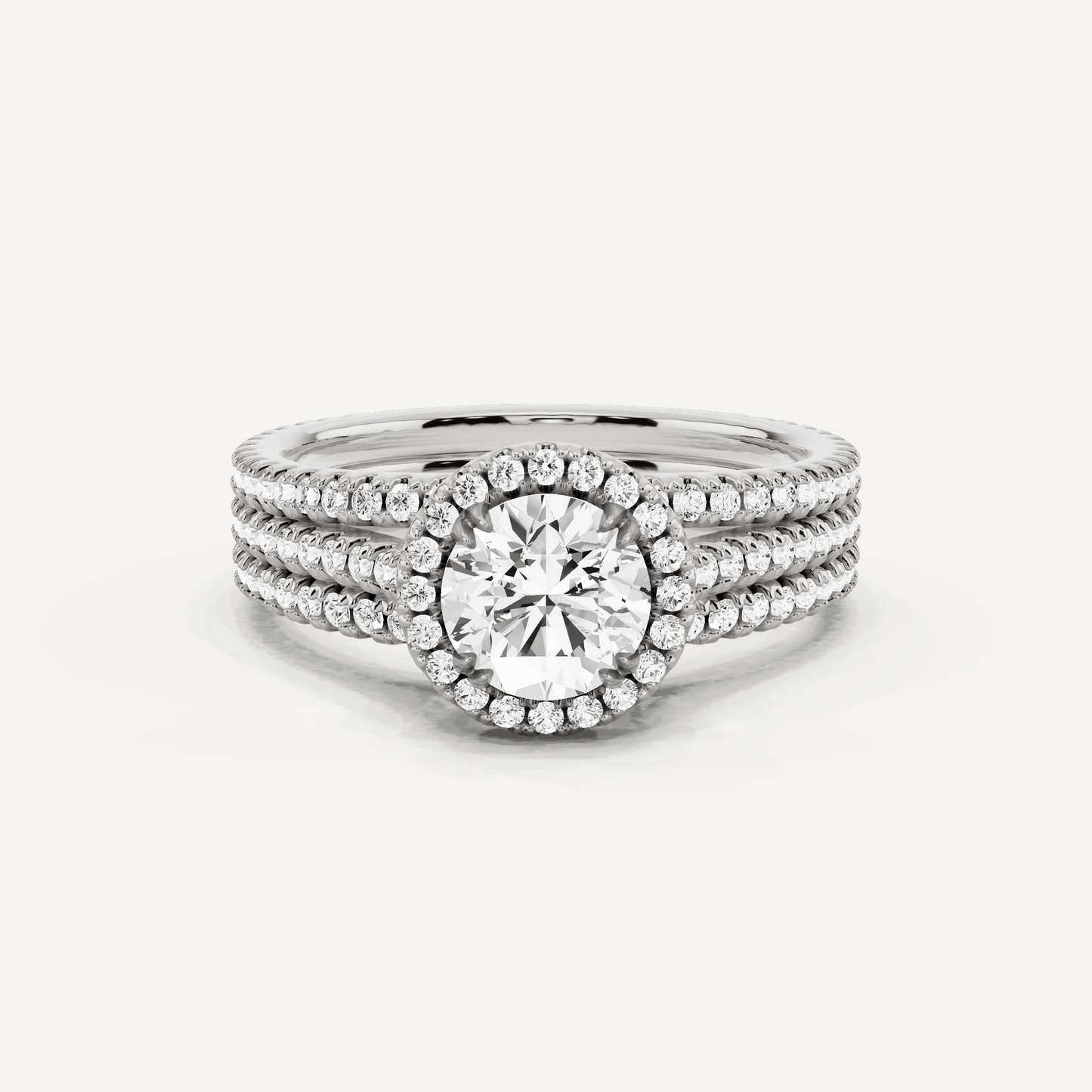 1 1/2 ctw Round Three Row Side Stone Halo Engagement Ring - Lotus Diamond