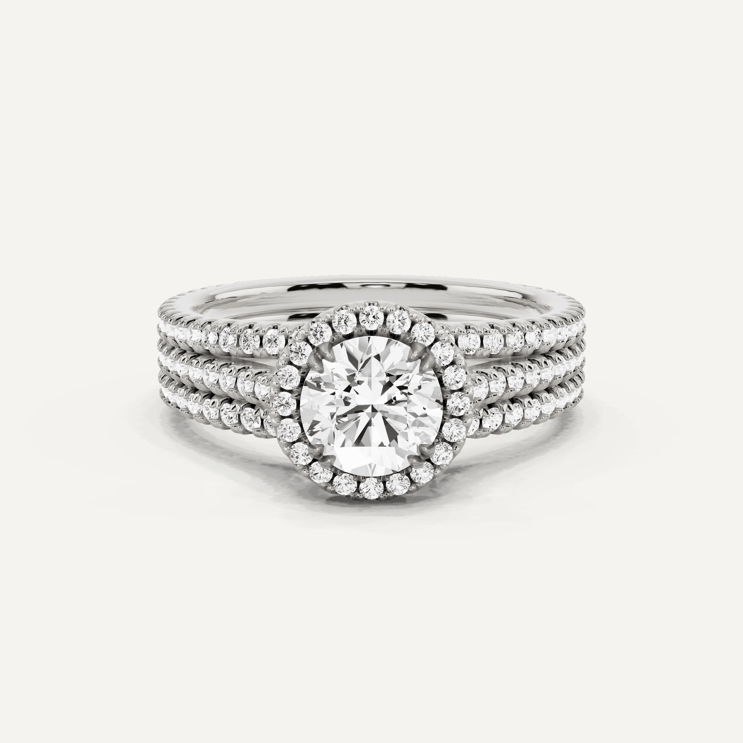 1 1/2 ctw Round Three Row Side Stone Halo Engagement Ring - Lotus Diamond