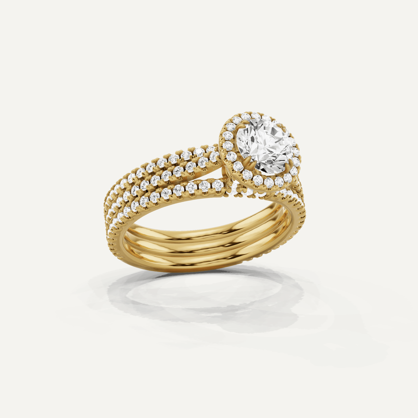 1 1/2 ctw Round Three Row Side Stone Halo Engagement Ring - Lotus Diamond