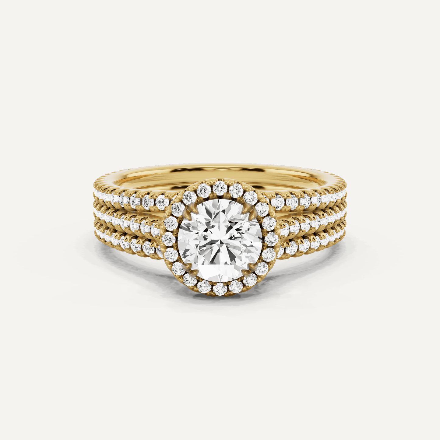 1 1/2 ctw Round Three Row Side Stone Halo Engagement Ring - Lotus Diamond