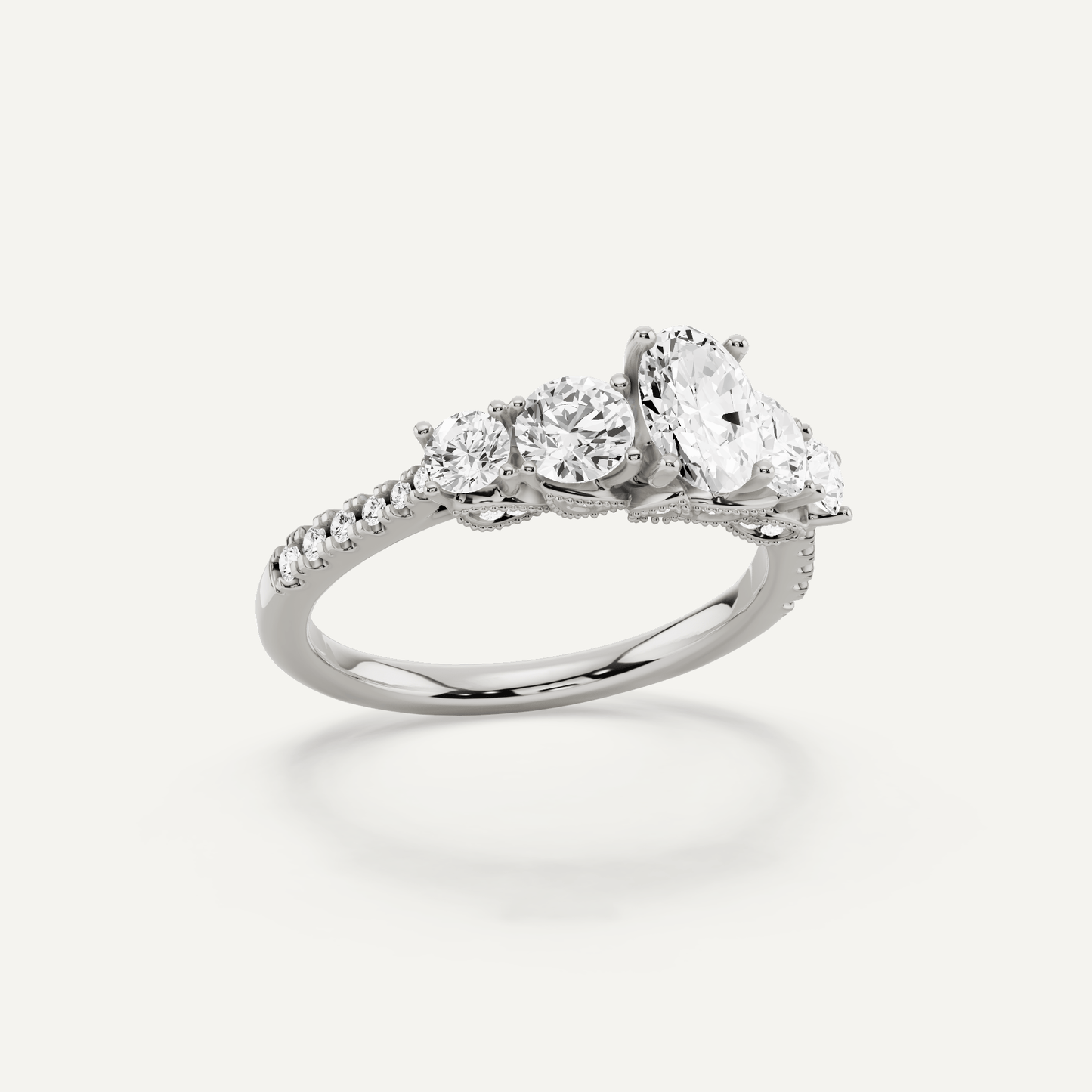1 1/3 ctw Oval Diamond Graduated Side Stone Engagement Ring - Lotus Diamond