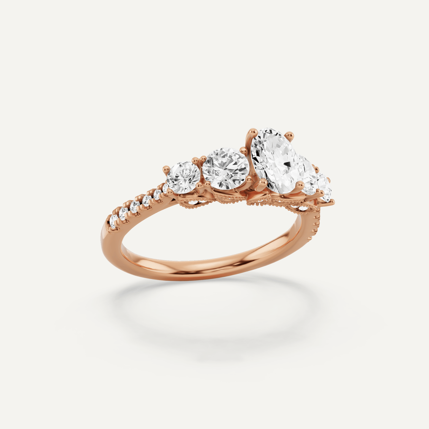 1 1/3 ctw Oval Diamond Graduated Side Stone Engagement Ring - Lotus Diamond