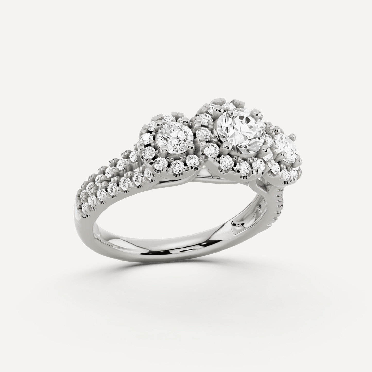 1 1/4 ctw Round Diamond Three Stone Halo Engagement Ring - Lotus Diamond