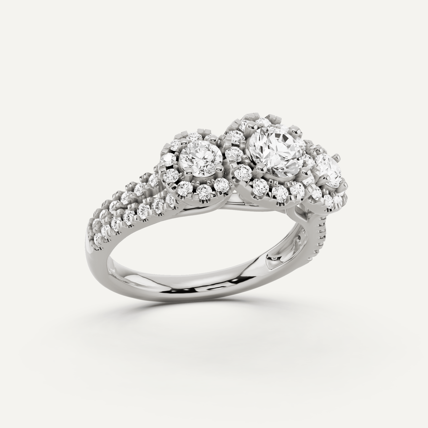 1 1/4 ctw Round Diamond Three Stone Halo Engagement Ring - Lotus Diamond