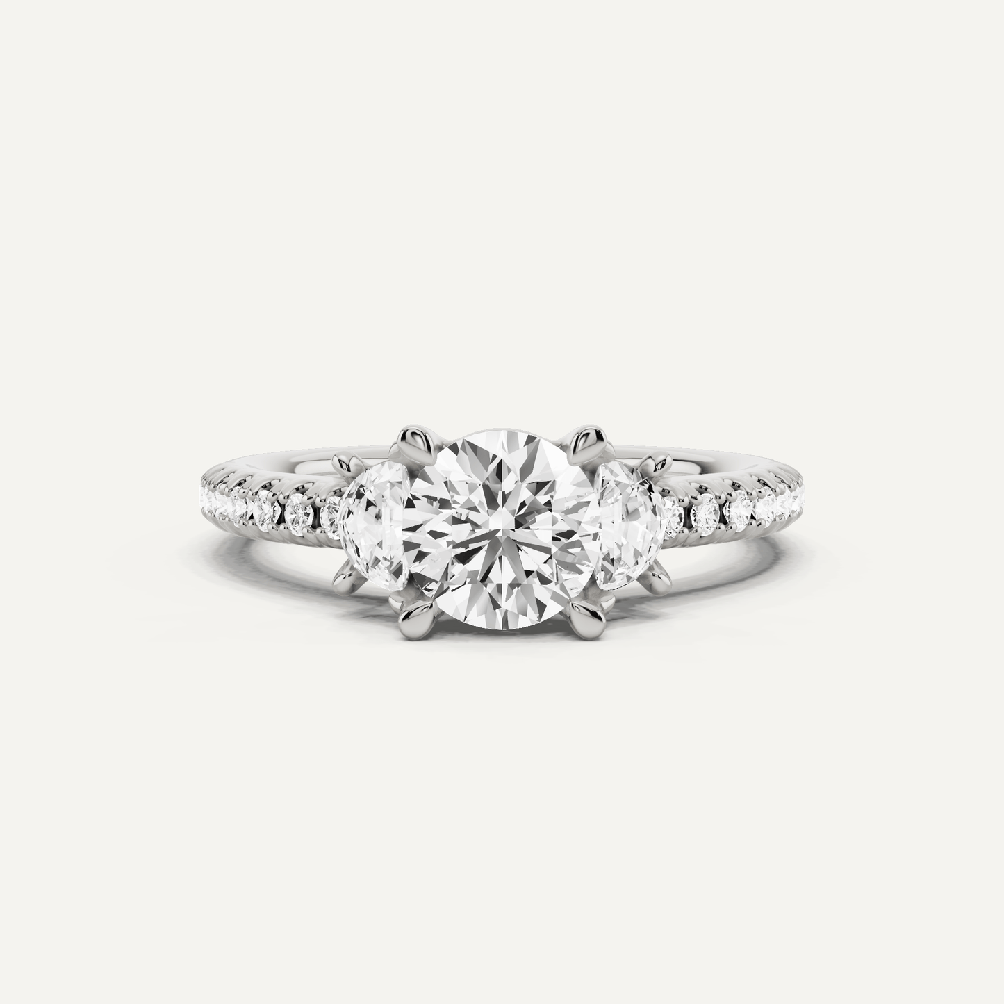 1 1/5 ctw Round Diamond Three Stone Engagement Ring With Half Moon Sides - Lotus Diamond