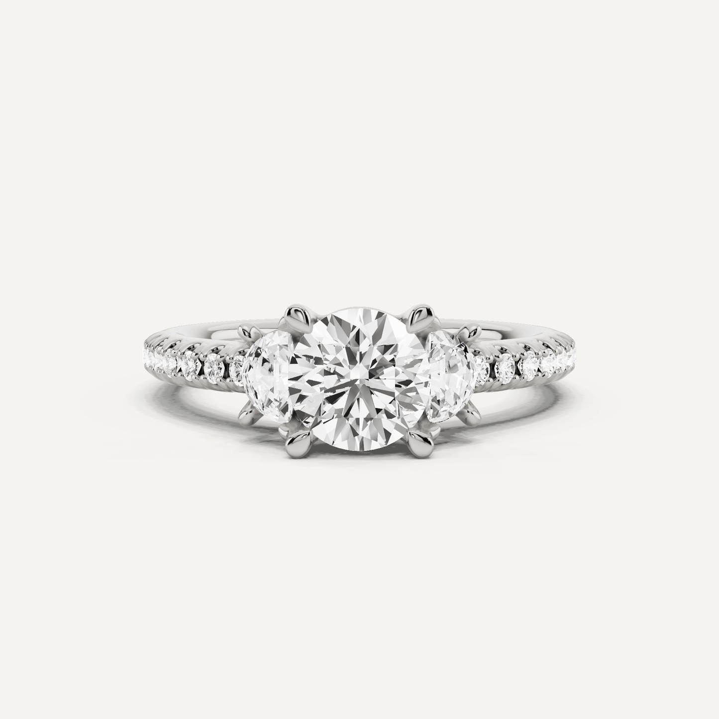 1 1/5 ctw Round Diamond Three Stone Engagement Ring With Half Moon Sides - Lotus Diamond