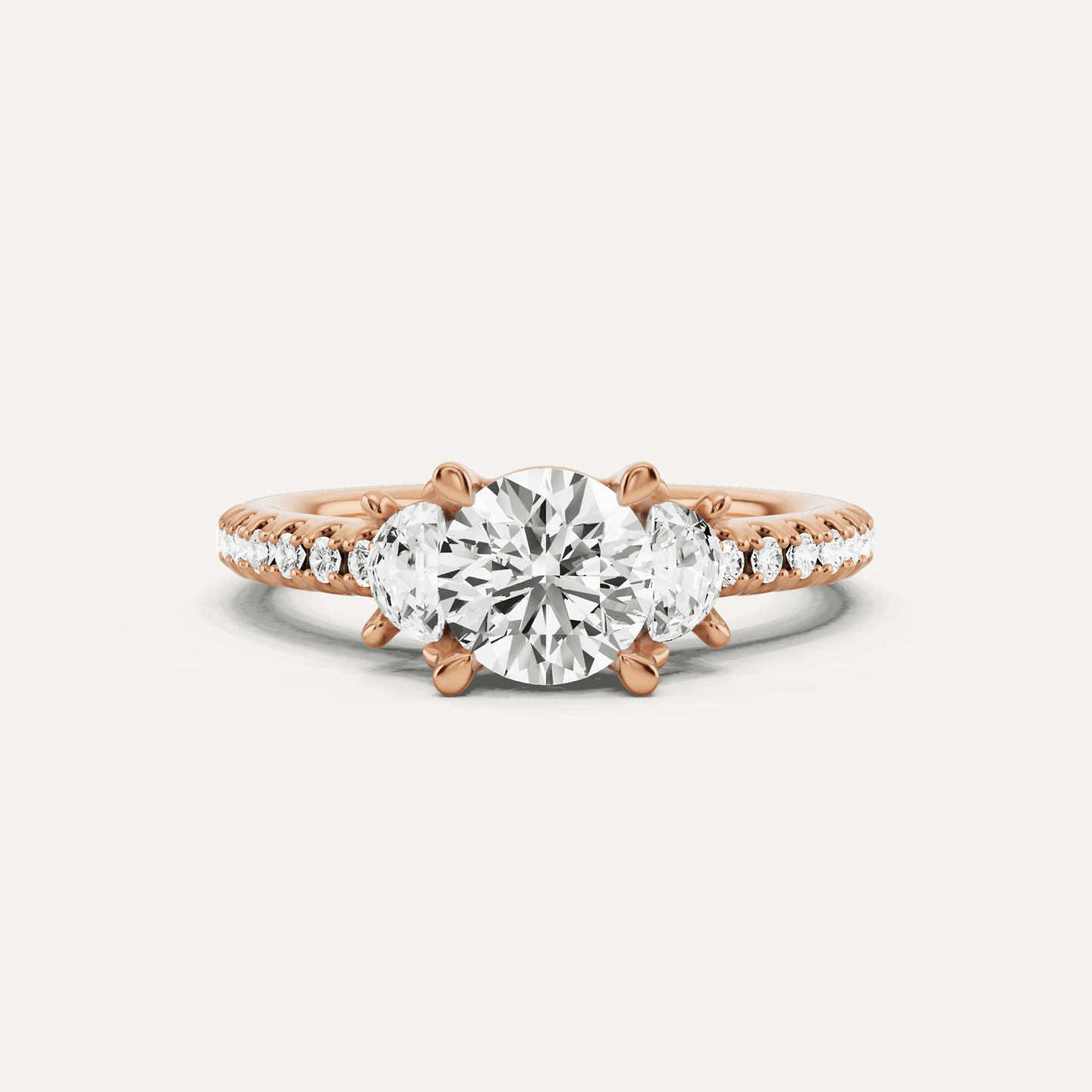 1 1/5 ctw Round Diamond Three Stone Engagement Ring With Half Moon Sides - Lotus Diamond