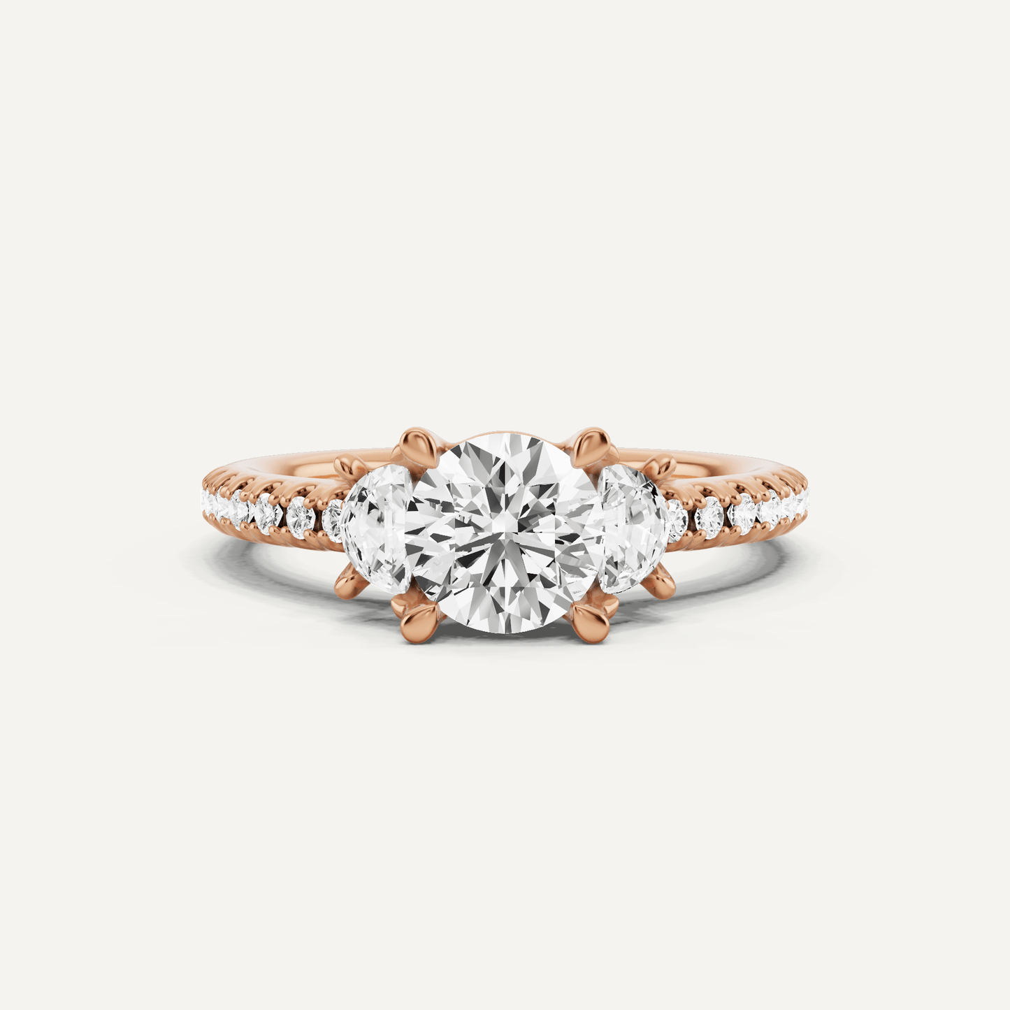 1 1/5 ctw Round Diamond Three Stone Engagement Ring With Half Moon Sides - Lotus Diamond