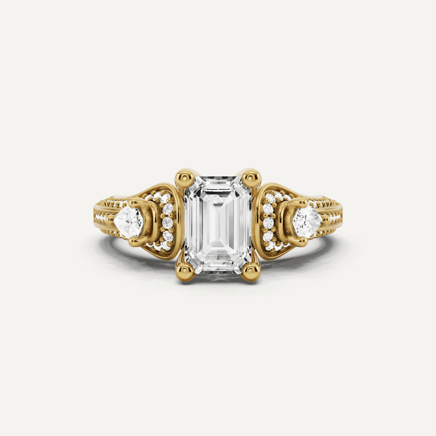 1 2/3 ctw Emerald Diamond Vinatge Inspired Three Stone Engagement Ring - Lotus Diamond