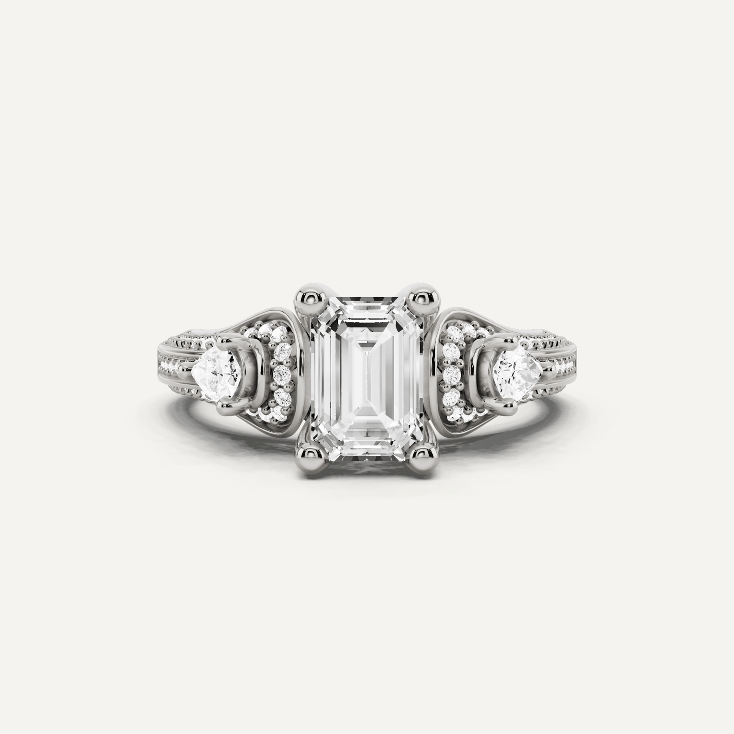 1 2/3 ctw Emerald Diamond Vinatge Inspired Three Stone Engagement Ring - Lotus Diamond