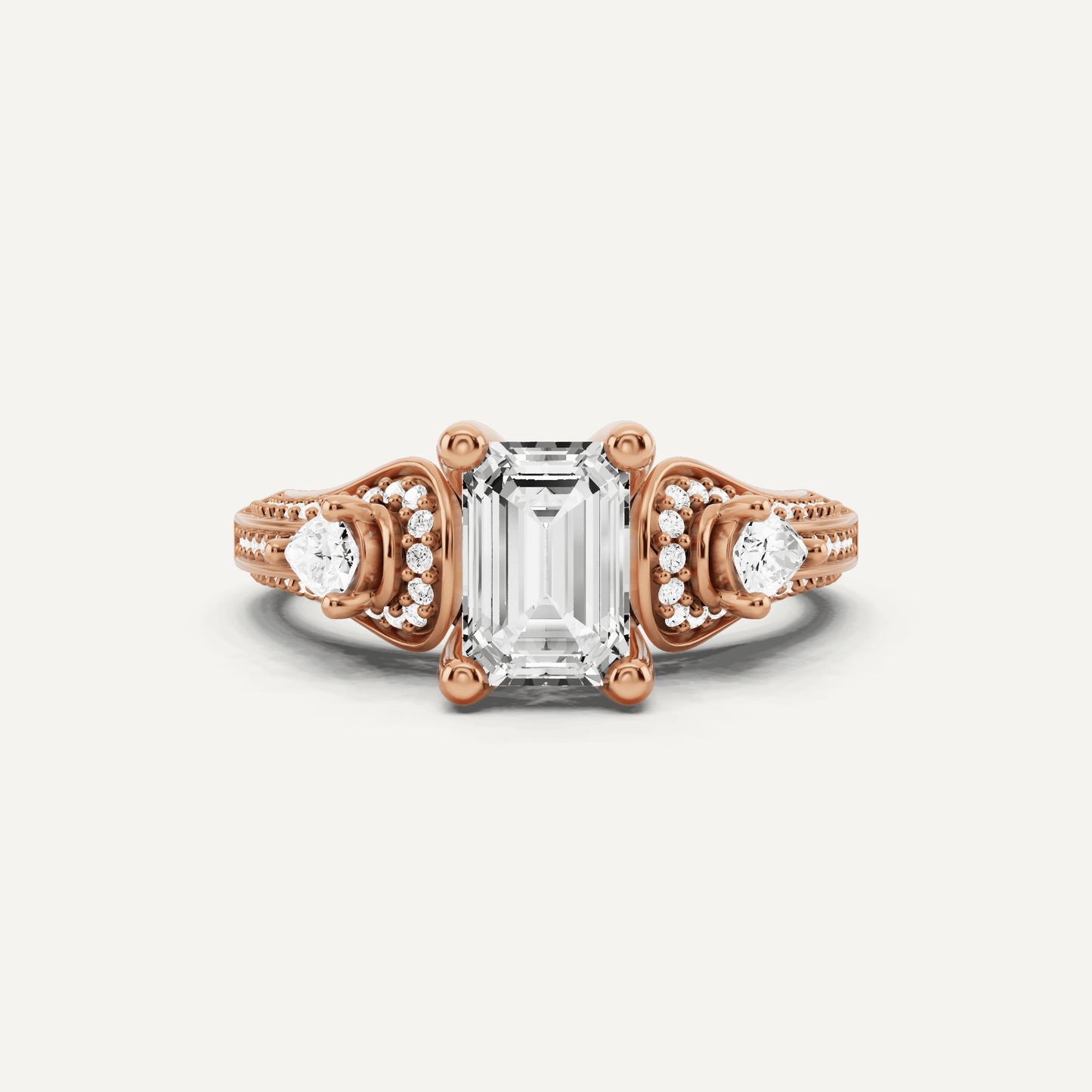 1 2/3 ctw Emerald Diamond Vinatge Inspired Three Stone Engagement Ring - Lotus Diamond