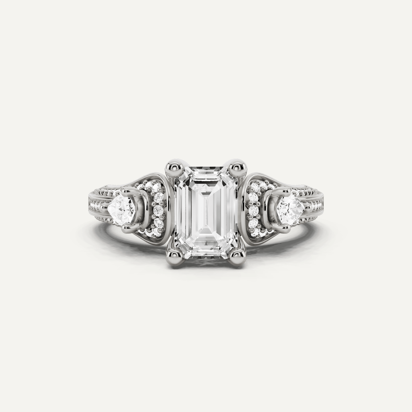 1 2/3 ctw Emerald Diamond Vinatge Inspired Three Stone Engagement Ring - Lotus Diamond