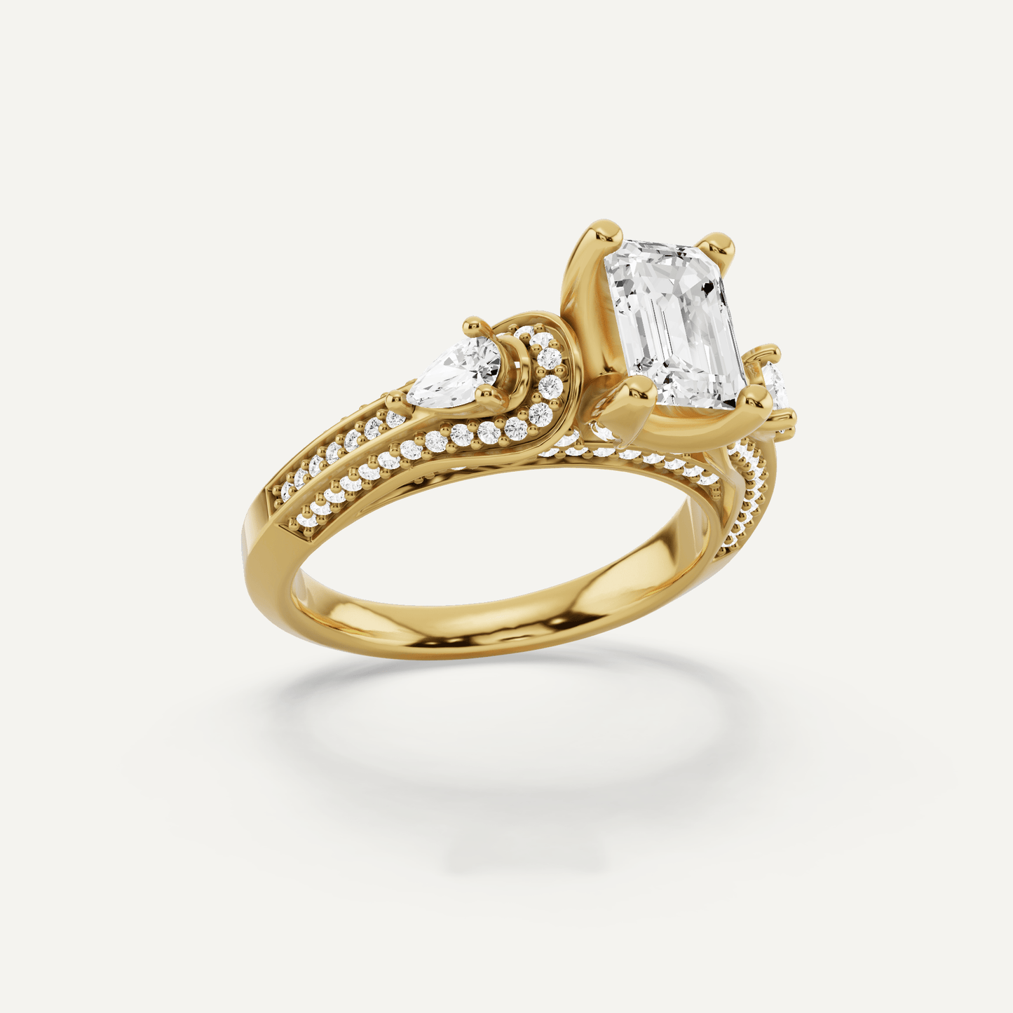 1 2/3 ctw Emerald Diamond Vinatge Inspired Three Stone Engagement Ring - Lotus Diamond