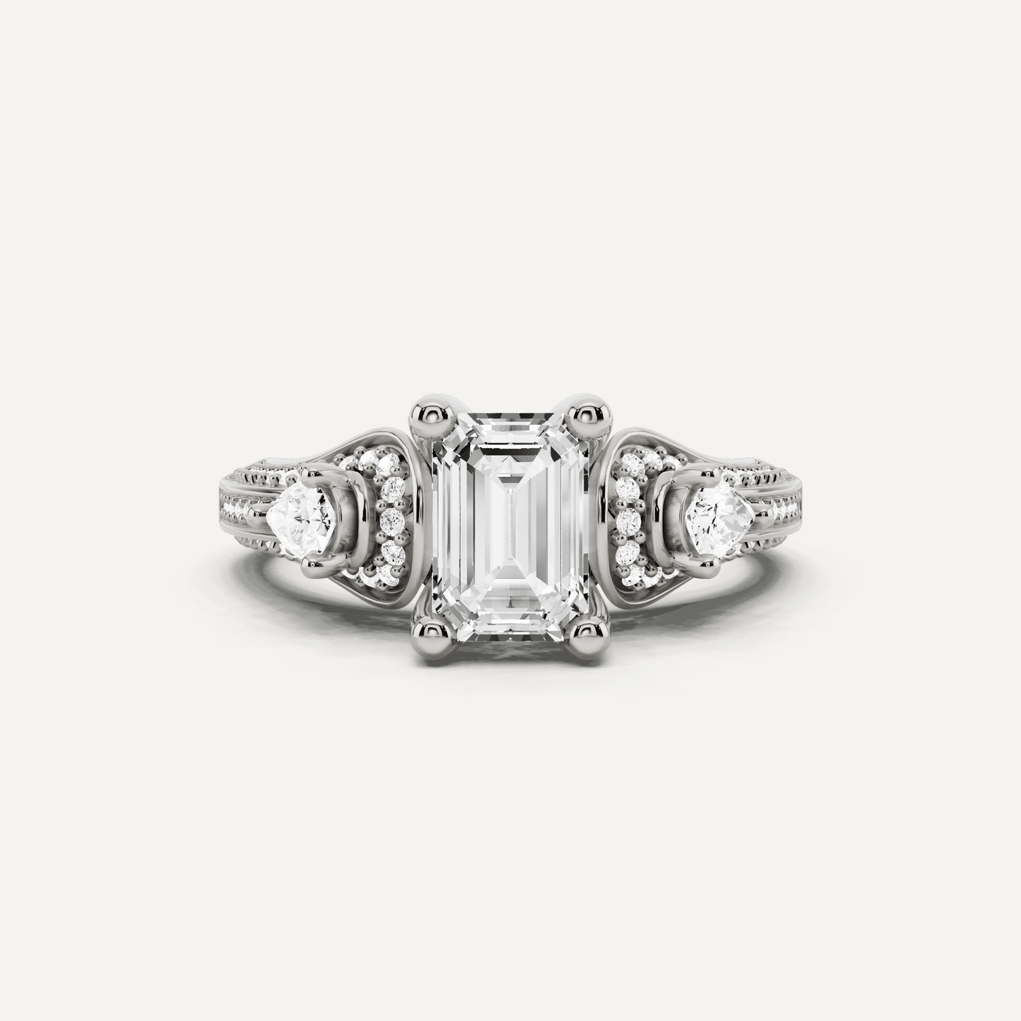 1 2/3 ctw Emerald Diamond Vinatge Inspired Three Stone Engagement Ring - Lotus Diamond