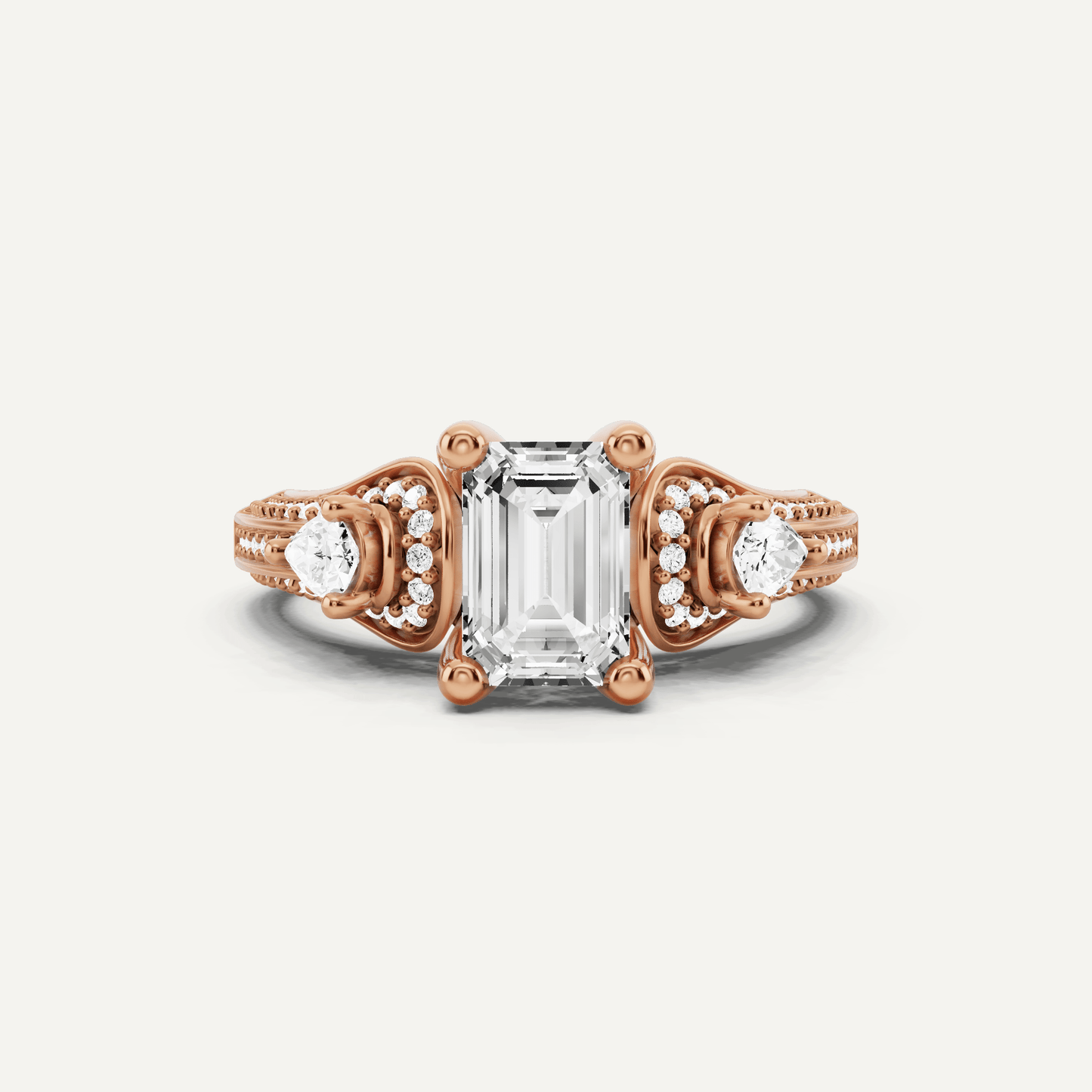 1 2/3 ctw Emerald Diamond Vinatge Inspired Three Stone Engagement Ring - Lotus Diamond
