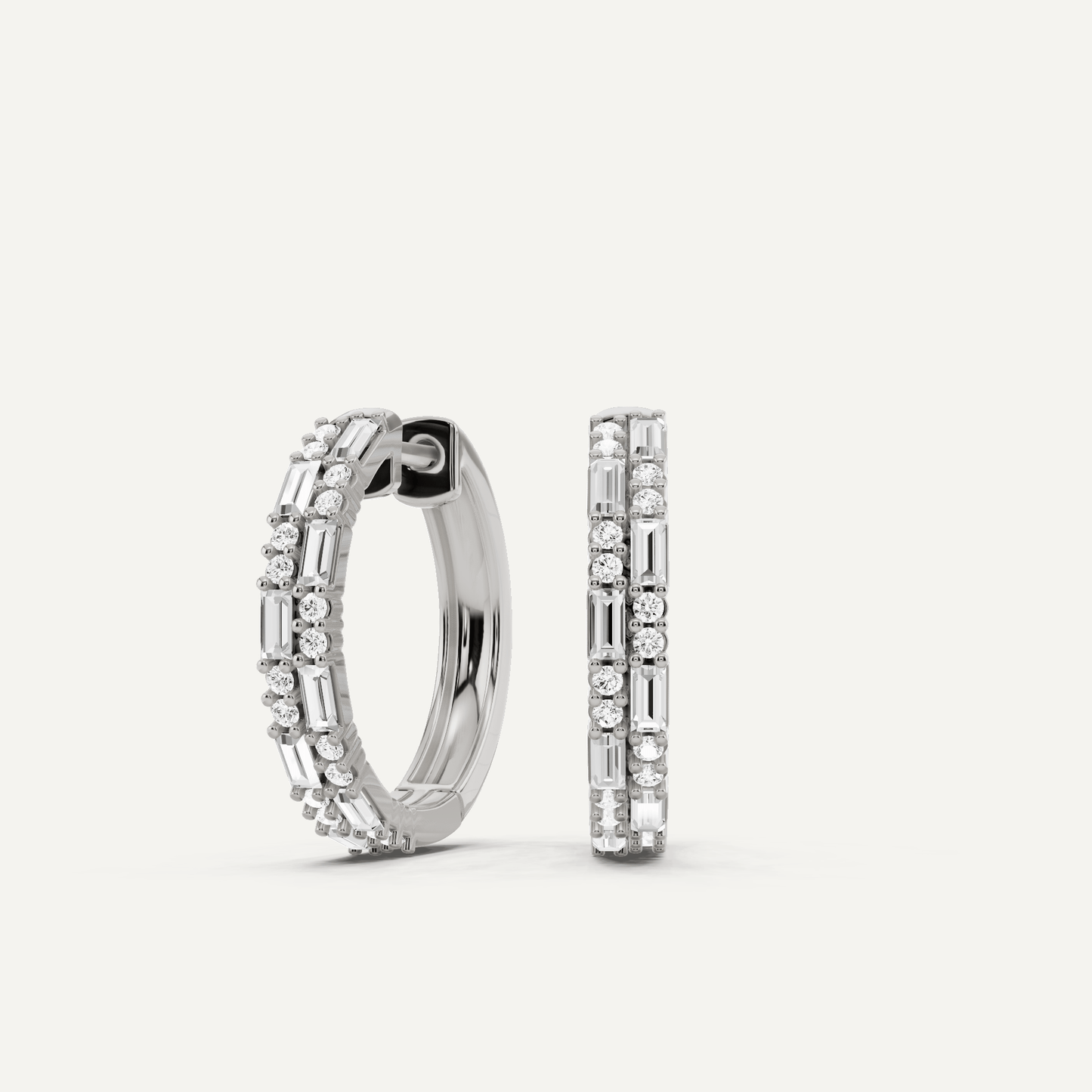 1 ctw Baguette and Round Diamond Alternate Double Row Hoop Earrings - Lotus Diamond