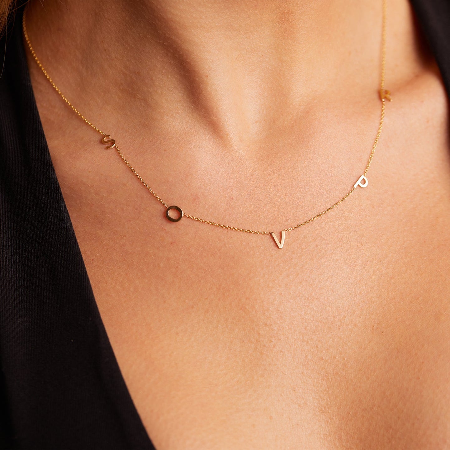14K Gold Asymmetrical Multi Initial Necklace - Lotus Diamond