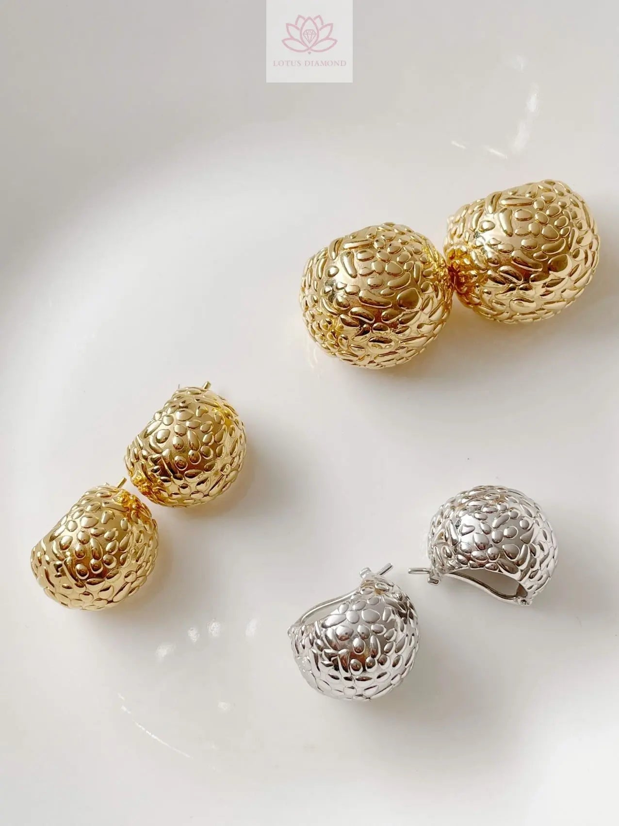 18K Gold Chic Polka Dot Textured Gold Ball Earrings - Lotus Diamond