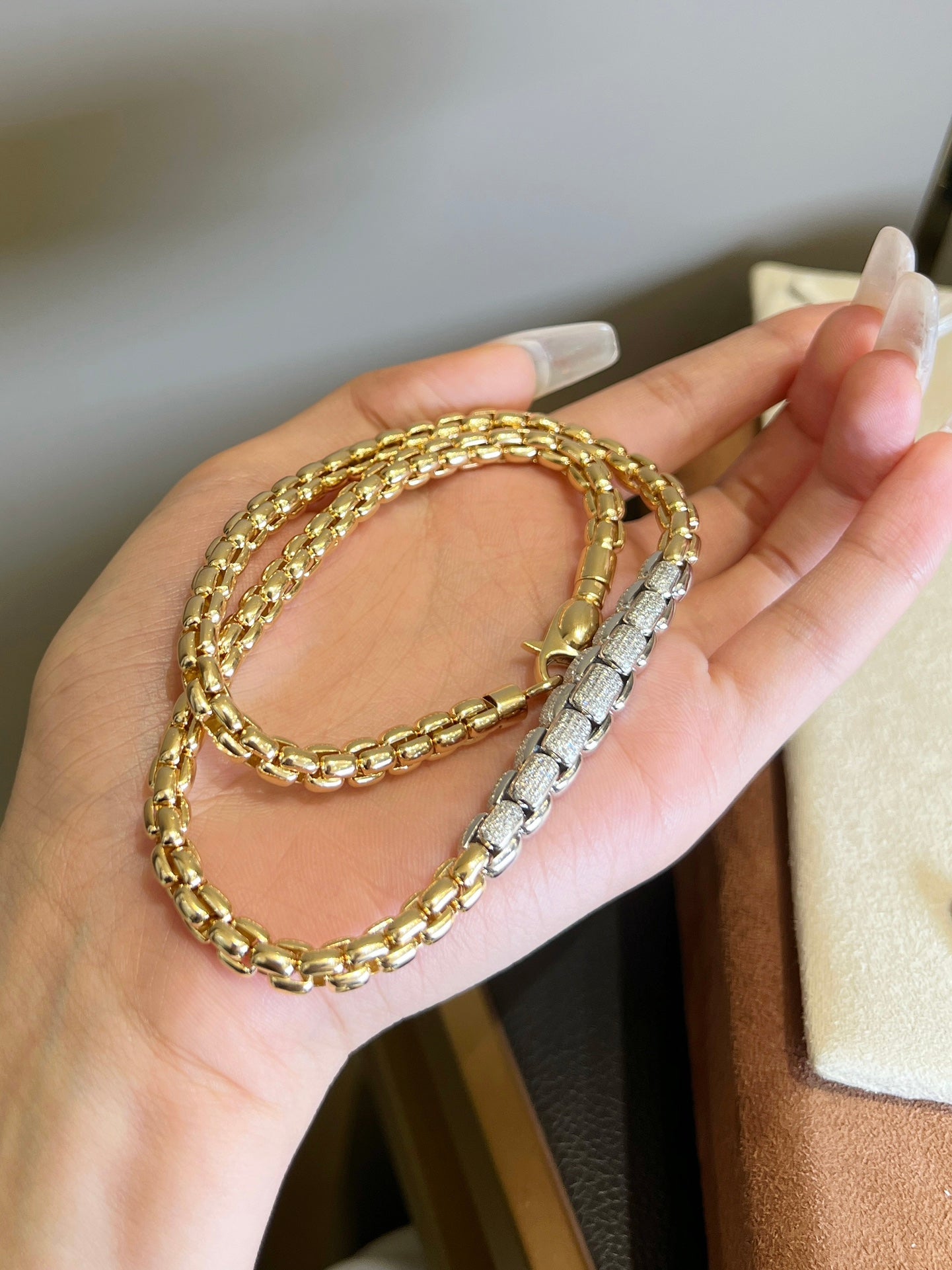 18k gold INS Street style gold chain two - tone stretch diamond necklace - Lotus Diamond