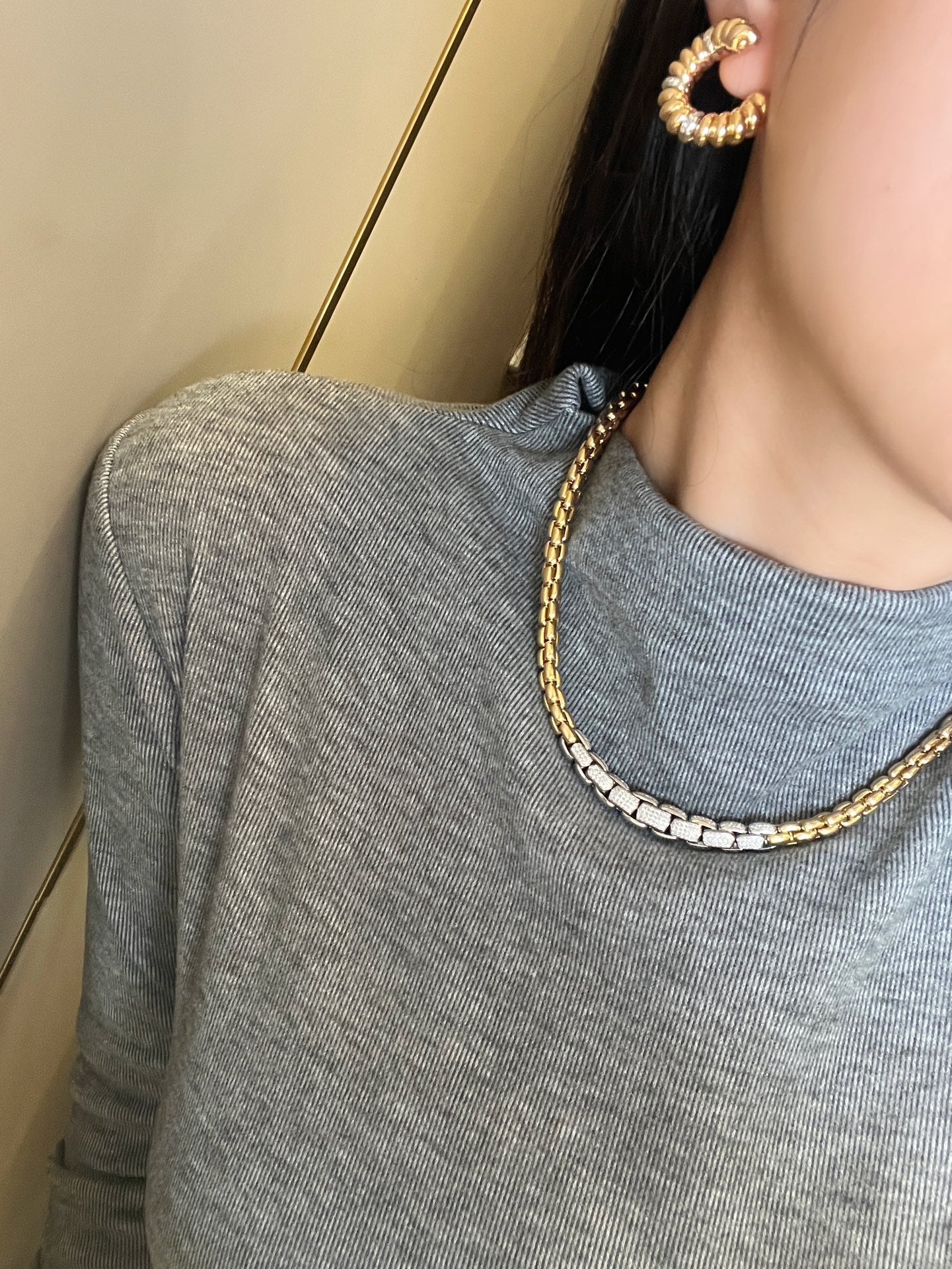 18k gold INS Street style gold chain two - tone stretch diamond necklace - Lotus Diamond