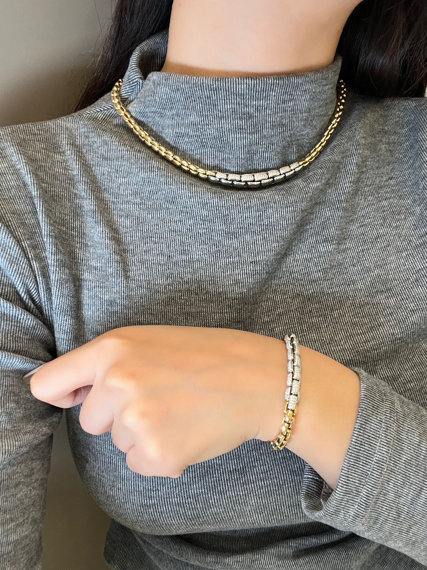 18k gold INS Street style gold chain two - tone stretch diamond necklace - Lotus Diamond