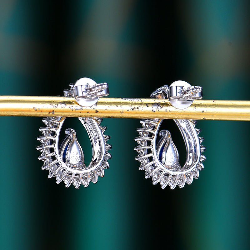 18K gold Natural Sri Lankan Royal Blue Sapphire earrings - drop style - Lotus Diamond