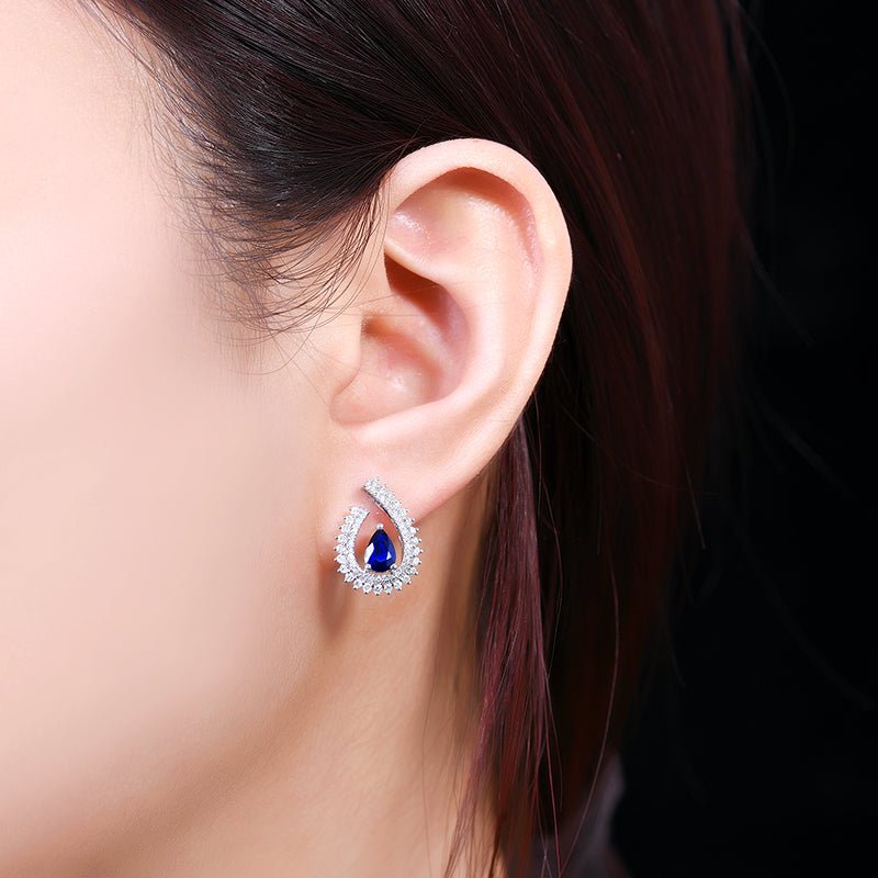 18K gold Natural Sri Lankan Royal Blue Sapphire earrings - drop style - Lotus Diamond