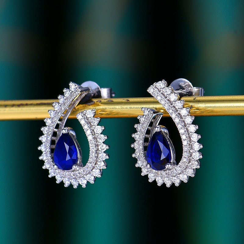 18K gold Natural Sri Lankan Royal Blue Sapphire earrings - drop style - Lotus Diamond