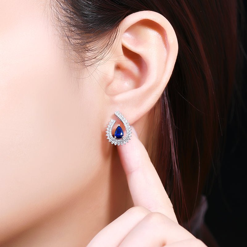 18K gold Natural Sri Lankan Royal Blue Sapphire earrings - drop style - Lotus Diamond