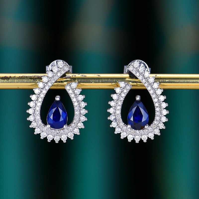 18K gold Natural Sri Lankan Royal Blue Sapphire earrings - drop style - Lotus Diamond