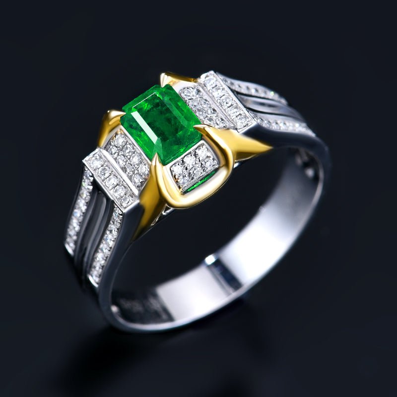 18k gold natural Vivid green emerald ring for men - Lotus Diamond