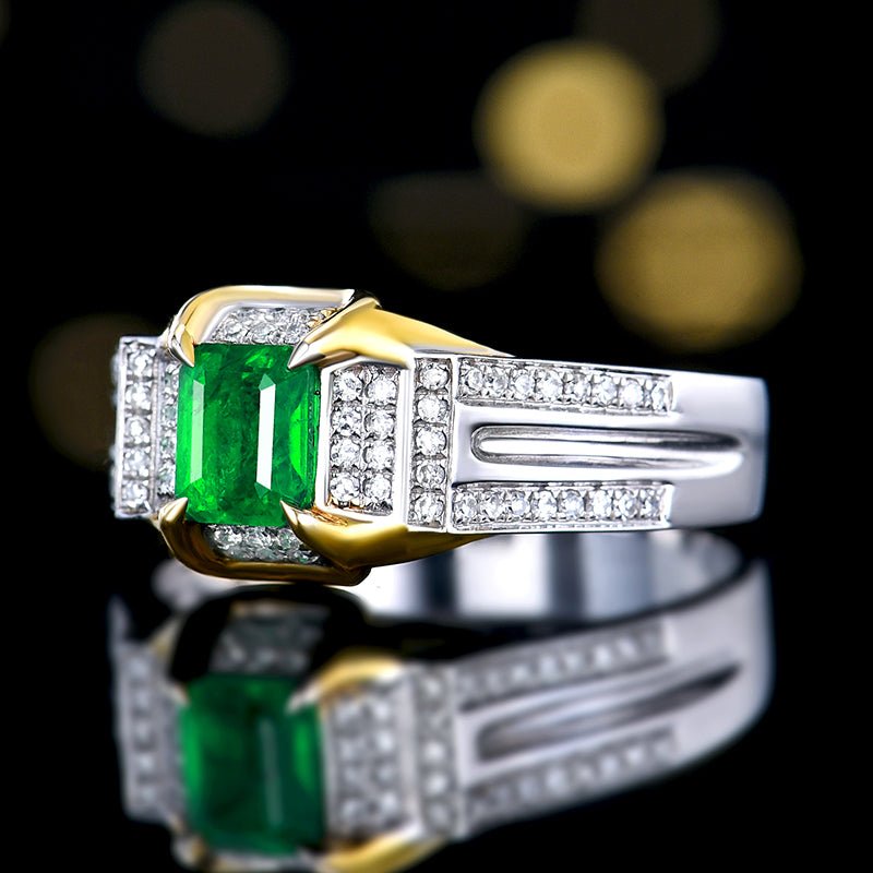 18k gold natural Vivid green emerald ring for men - Lotus Diamond