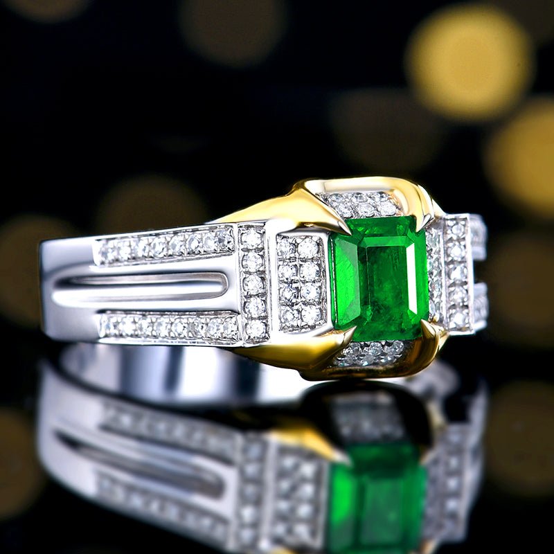 18k gold natural Vivid green emerald ring for men - Lotus Diamond