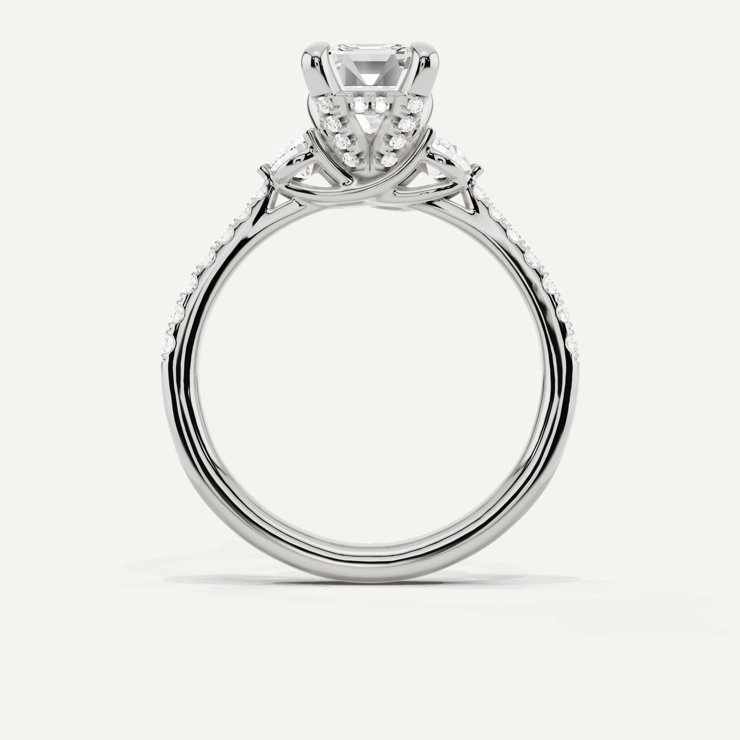 2 ctw Emerald Diamond Three Stone Hidden Halo Engagement Ring with Side Accent - Lotus Diamond