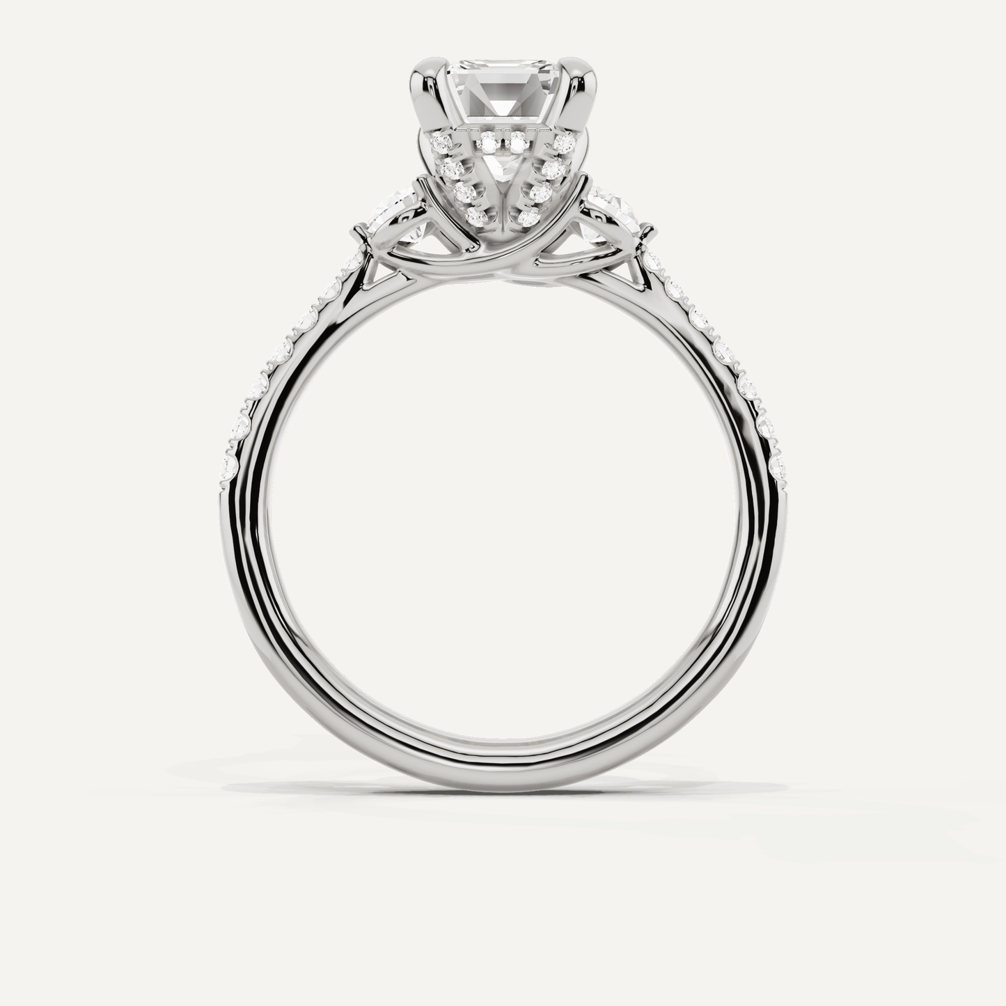2 ctw Emerald Diamond Three Stone Hidden Halo Engagement Ring with Side Accent - Lotus Diamond