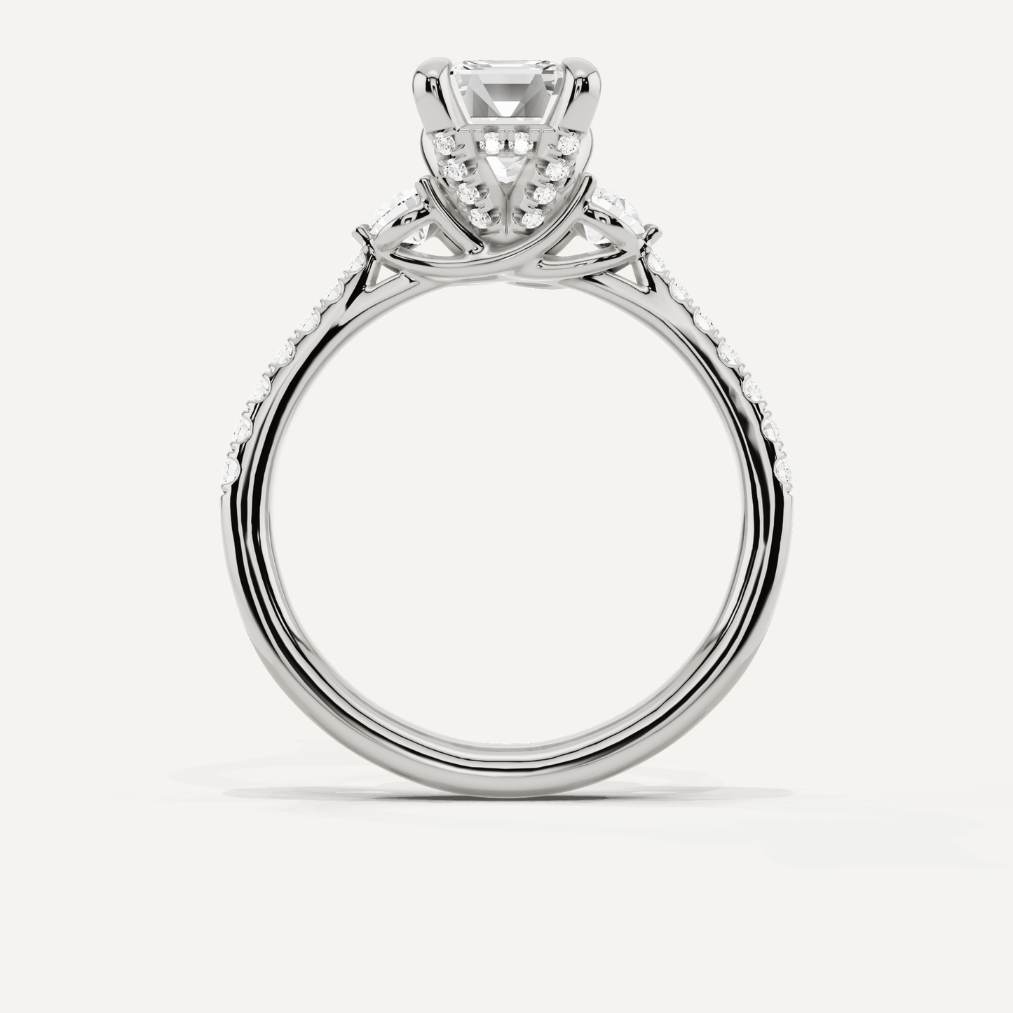 2 ctw Emerald Diamond Three Stone Hidden Halo Engagement Ring with Side Accent - Lotus Diamond