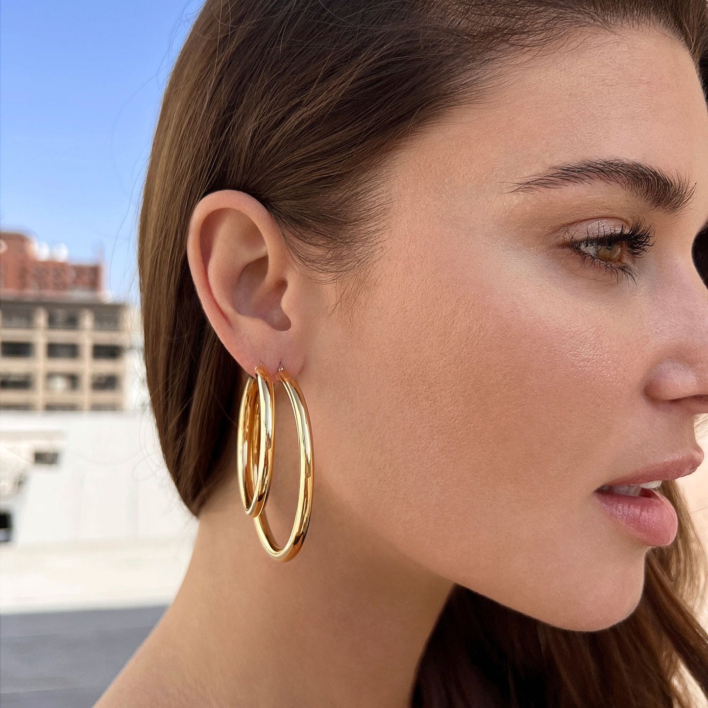 4mm Gold Tube Hoop Earrings - Lotus Diamond