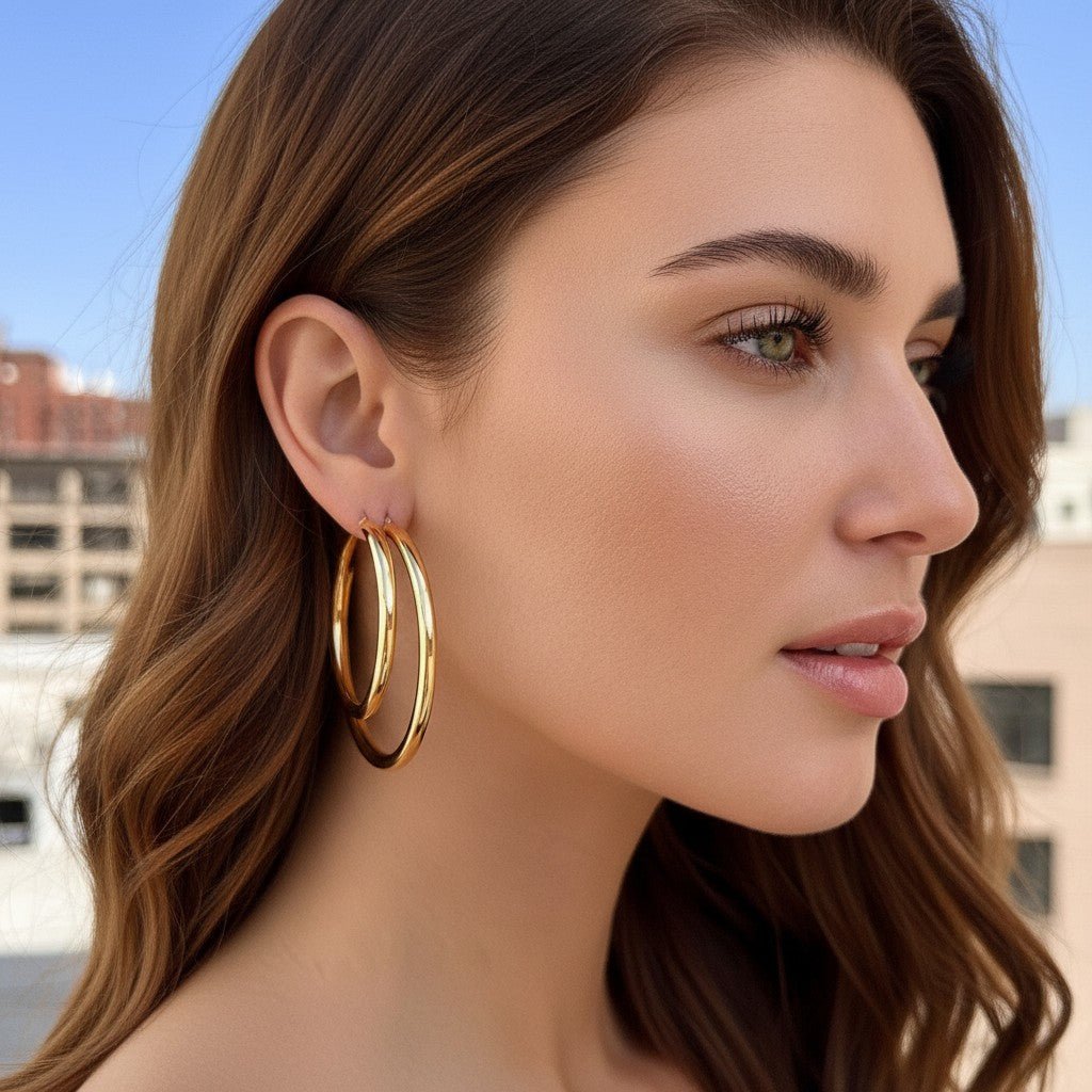 4mm Gold Tube Hoop Earrings - Lotus Diamond