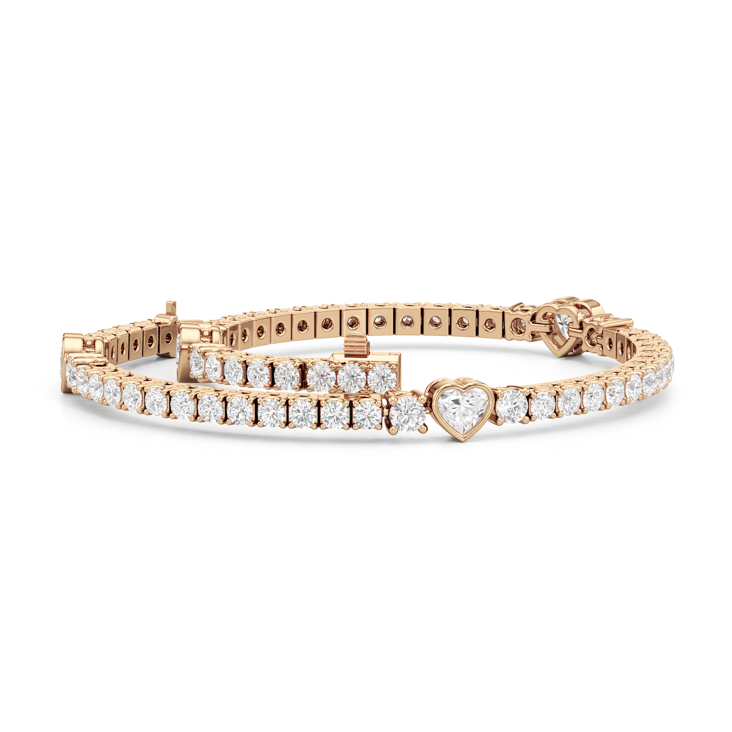 Bezeled Heart Station with Round Diamonds Tennis Bracelet