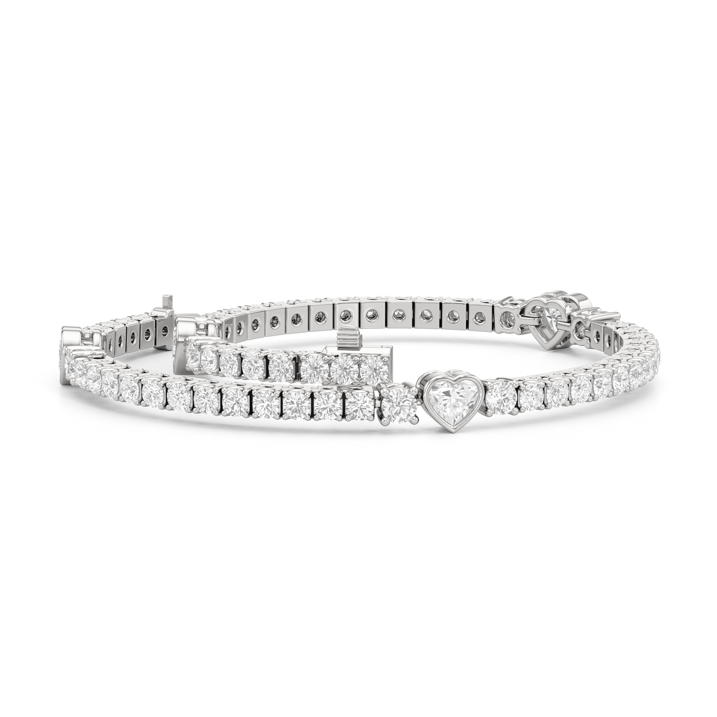 Bezeled Heart Station with Round Diamonds Tennis Bracelet